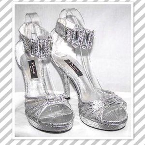 Nina Brand Silver Heels, Rhinestone Ankle Strap